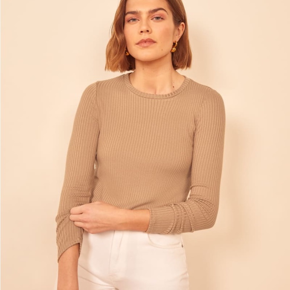 Reformation Slim Ribbed Crewneck Long Sleeve Top - Tan